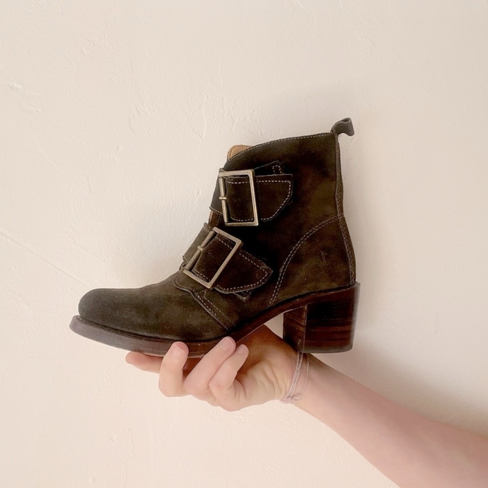 Frye Olive Green Suede Buckle Ankle Boots